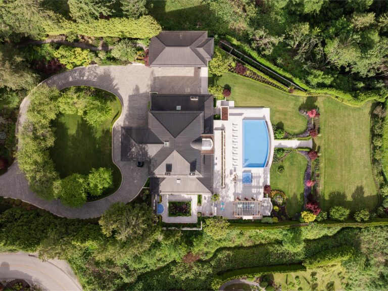 drone view of Vancouver estate with pool by Teragon